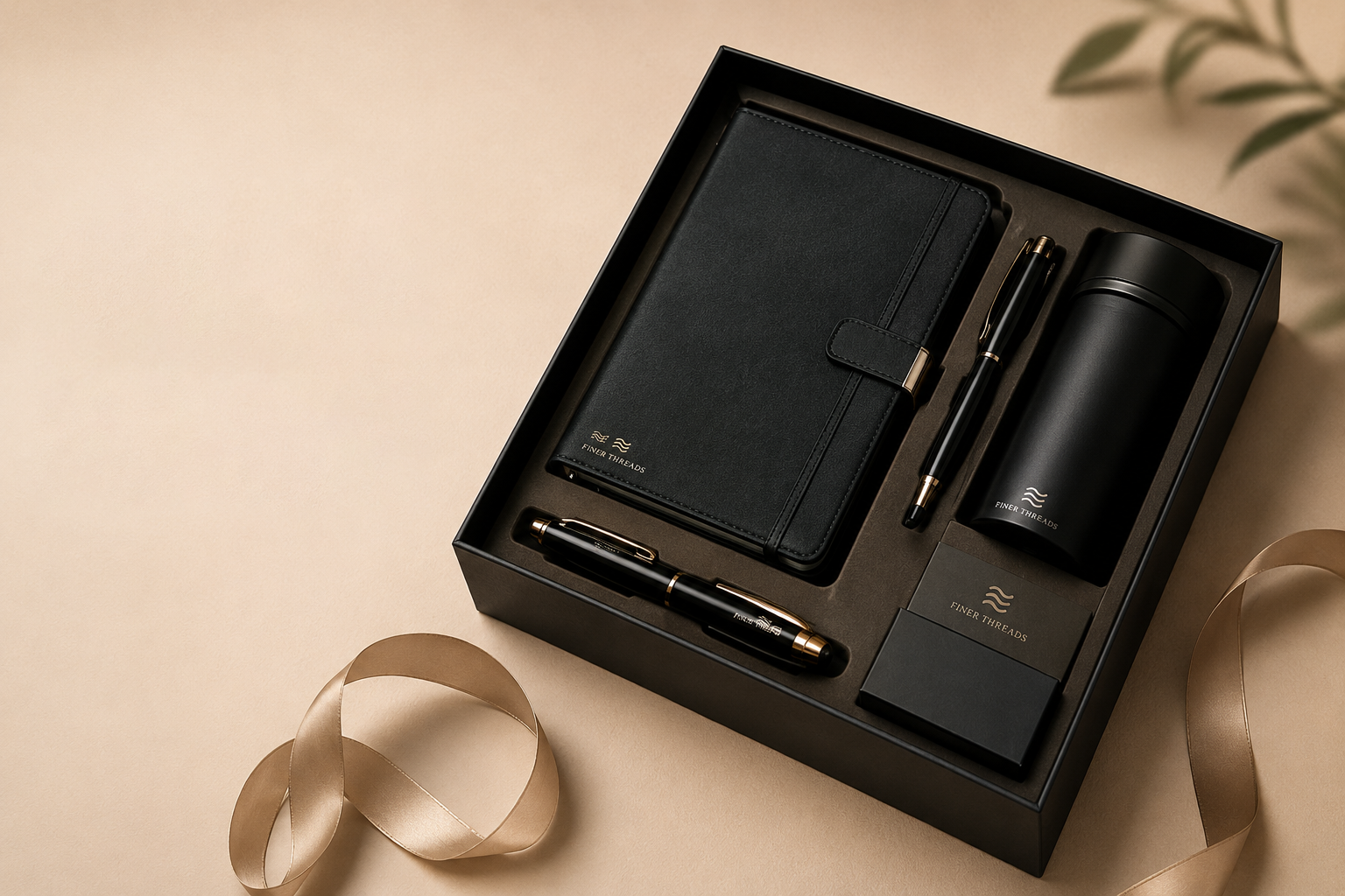 Curated black leather gift set including notebook, tumbler, and pen